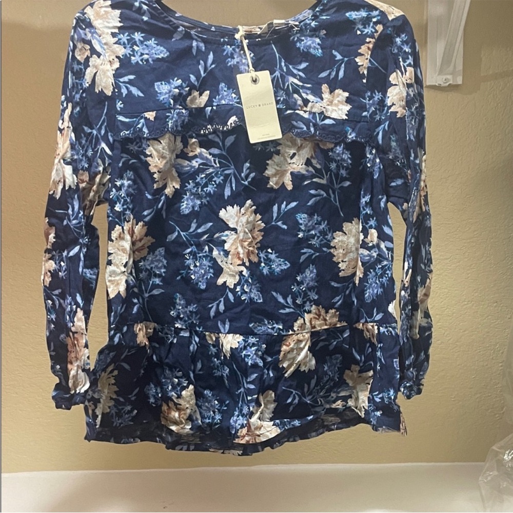 Lucky Brand Navy and Cream Floral Blouse